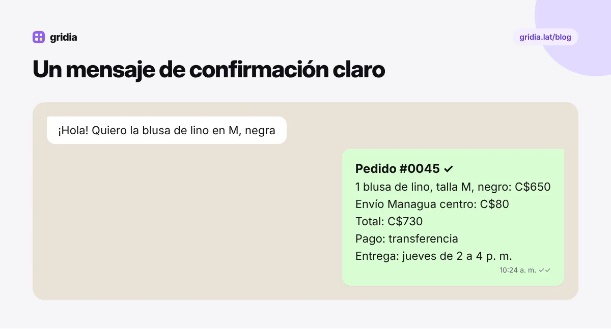 Ejemplo de mensaje para confirmar un pedido por WhatsApp