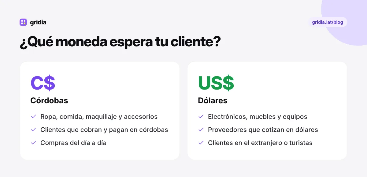 Cuándo usar córdobas y cuándo dólares en tus precios